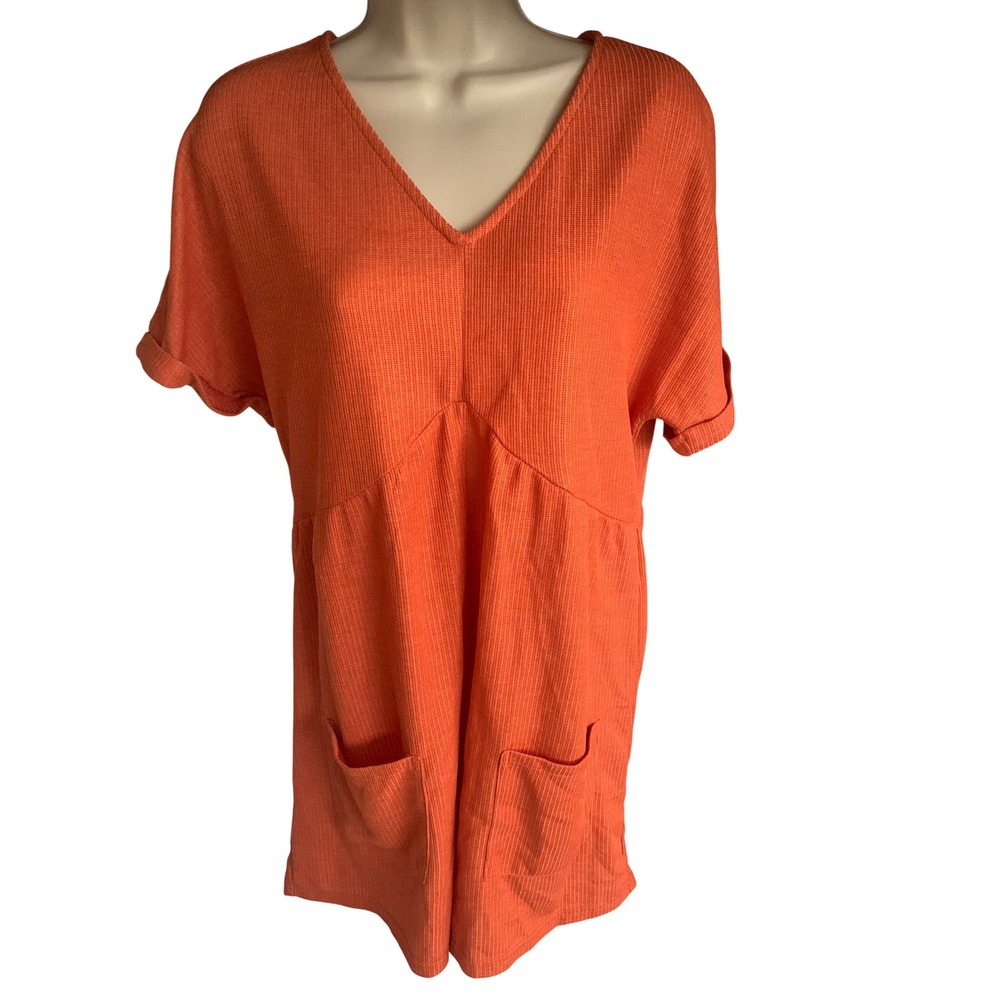 Orange Waffle Knit V-Neck Short Sleeve Romper with Pockets Womens Large NWOT